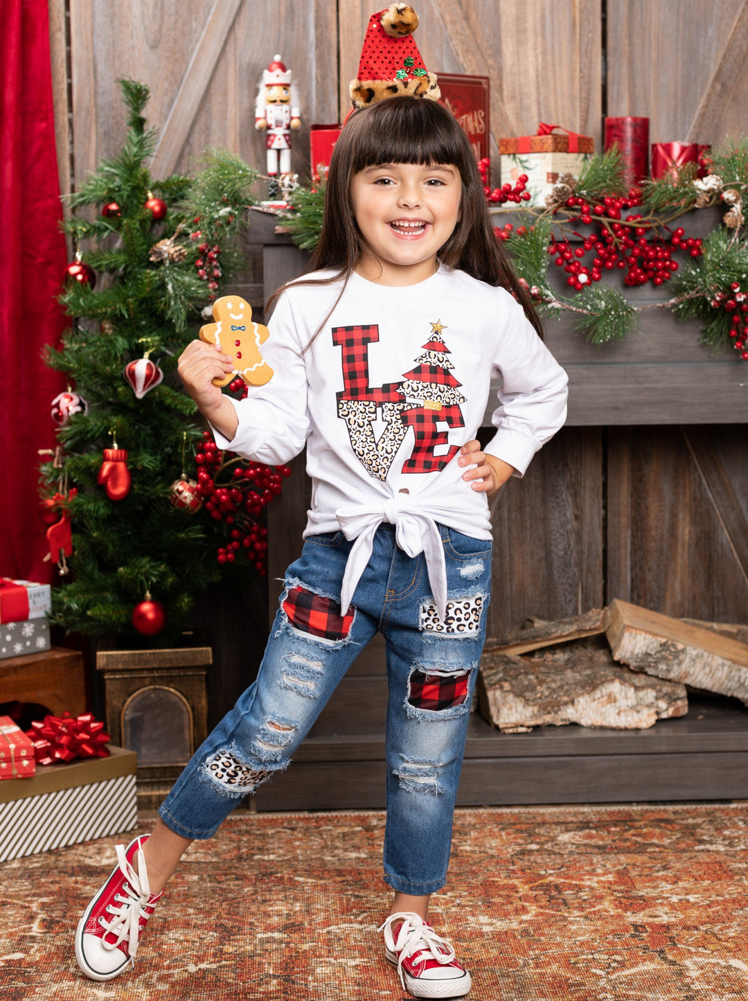 Cute Winter Sets | Girls Love Christmas Knot Top & Patched Jeans Set