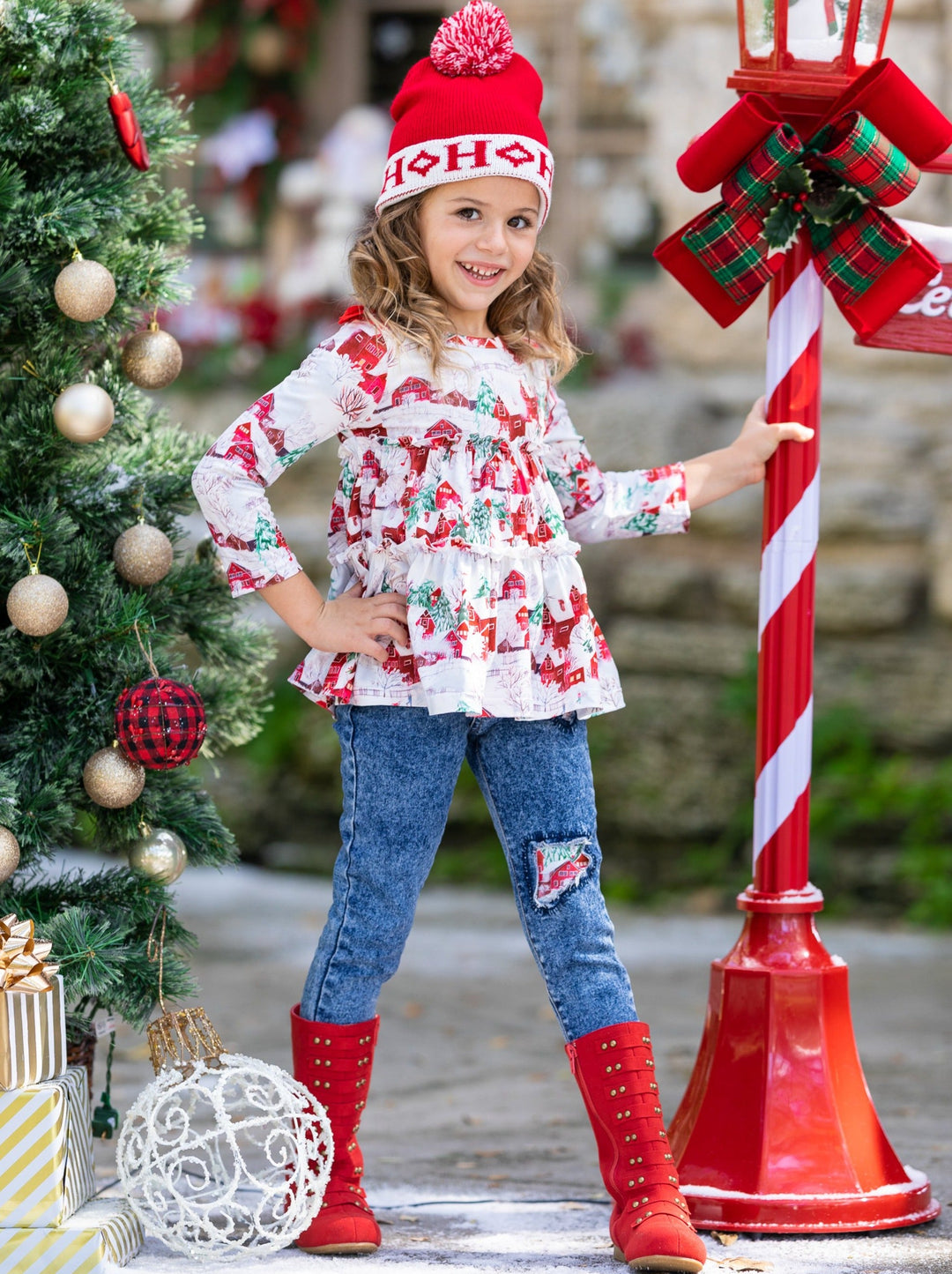 Cute Winter Sets | Christmas Scene Ruffled Top and Patched Jeans Set 