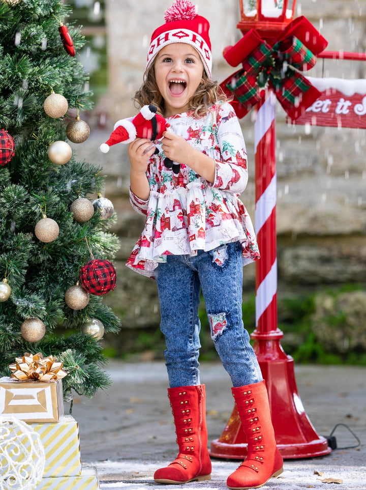 Cute Winter Sets | Christmas Scene Ruffled Top and Patched Jeans Set 