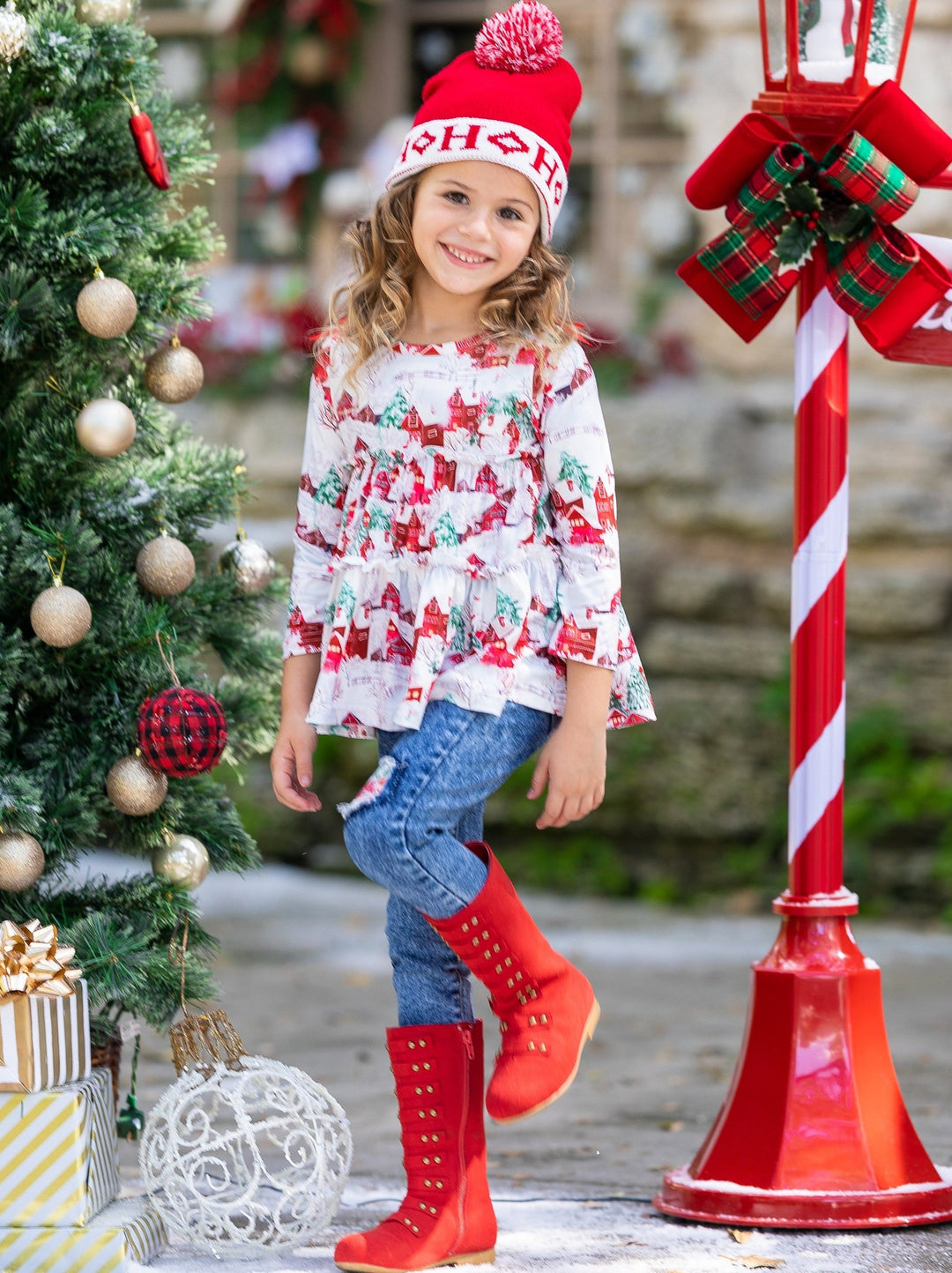 Cute Winter Sets | Christmas Scene Ruffled Top and Patched Jeans Set 