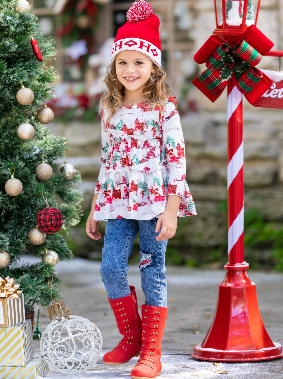 Cute Winter Sets | Christmas Scene Ruffled Top and Patched Jeans Set 