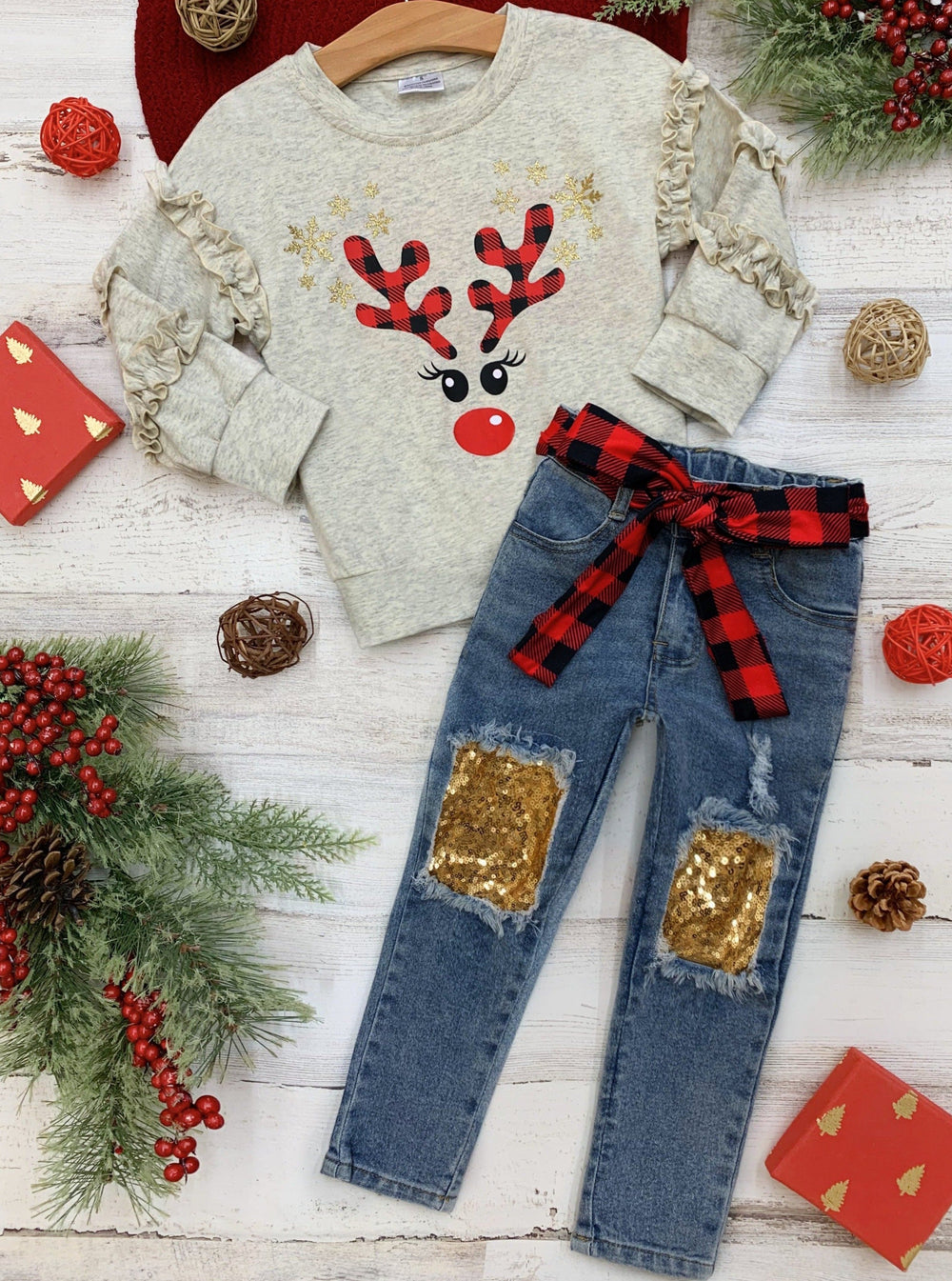 Cute Winter Sets | Reindeer Ruffle Sweatshirt & Sequin Patch Jeans Set