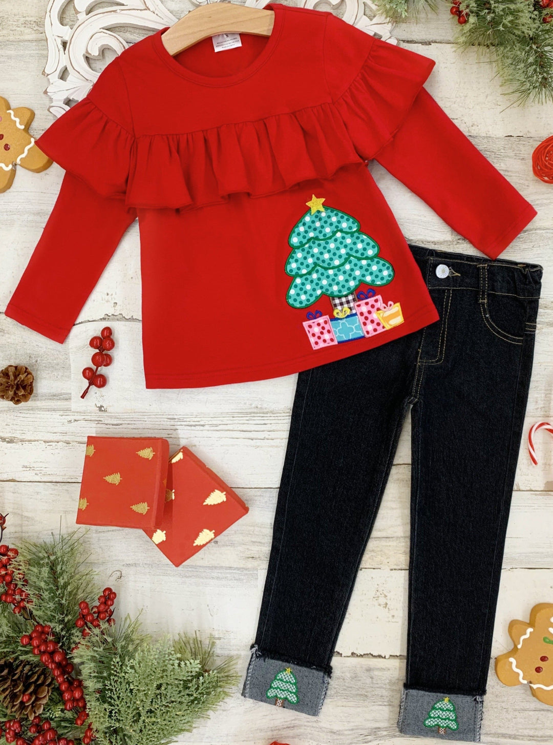 Girls Christmas Ruffle Bib Top & Cuffed Jeans Set | Winter Outfits