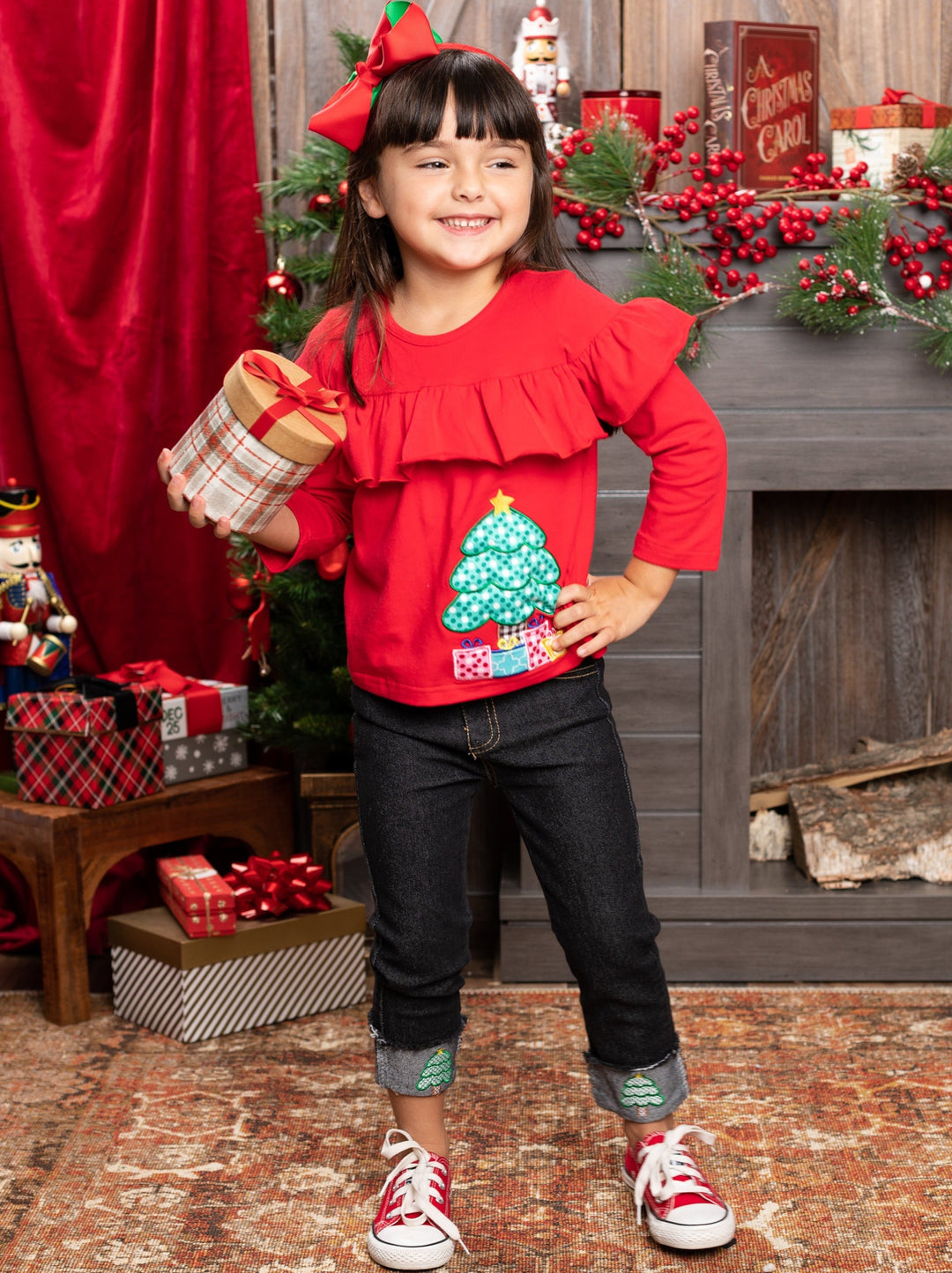 Girls Christmas Ruffle Bib Top & Cuffed Jeans Set | Winter Outfits