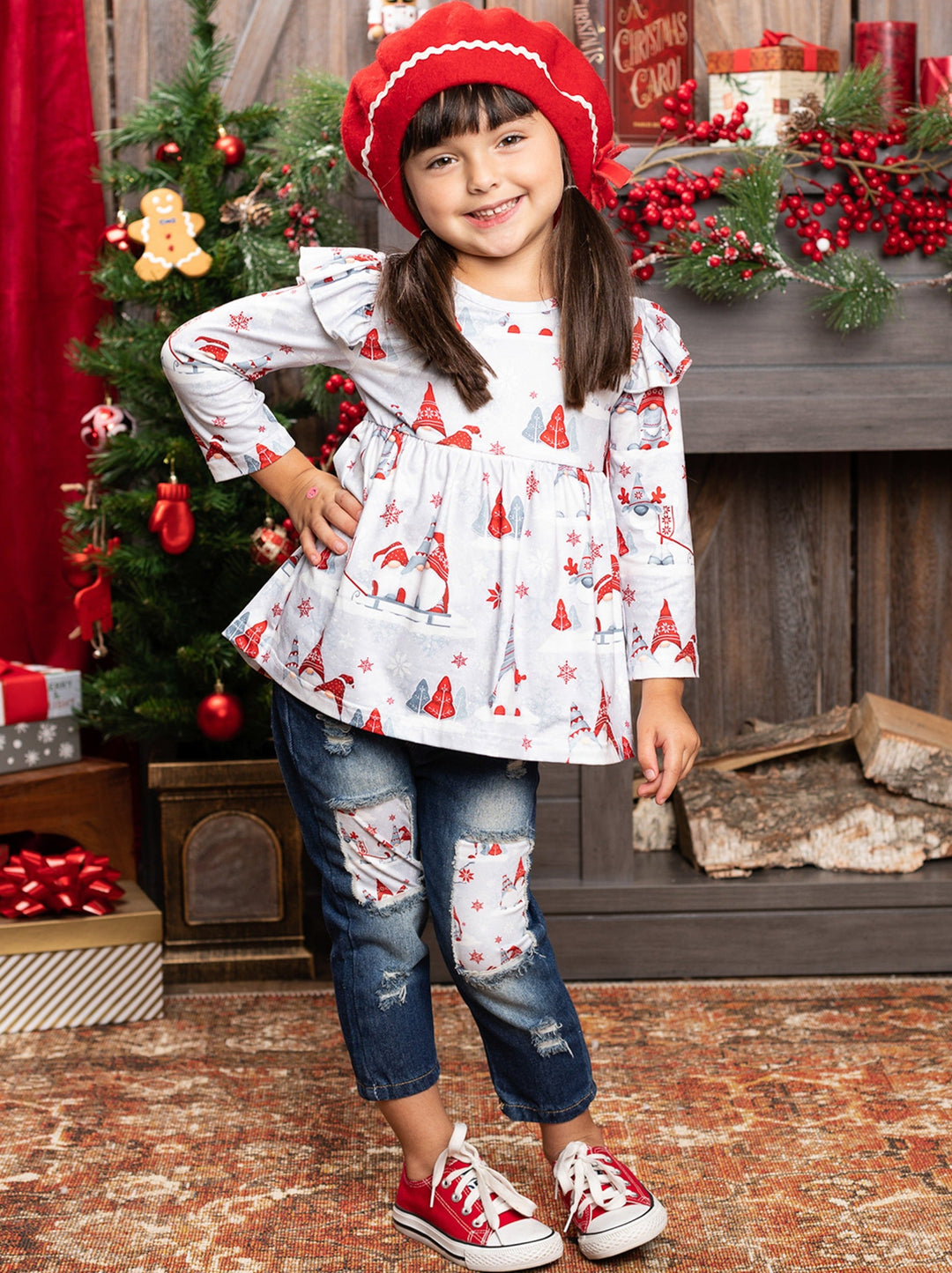 Cute Winter Sets | Girls Winter Gnomes Ruffle Top & Patched Jeans Set