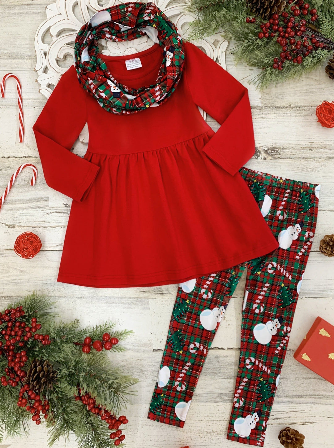 Girls Winter Casual Set | Plaid Snowman Tunic, Scarf, & Legging Set 