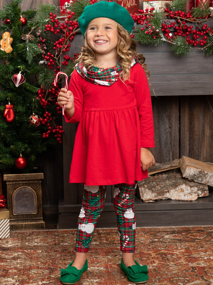 Girls Winter Casual Set | Plaid Snowman Tunic, Scarf, & Legging Set 