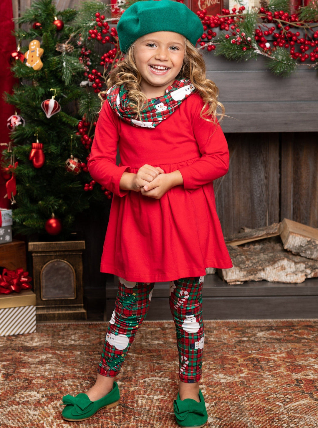 Girls Winter Casual Set | Plaid Snowman Tunic, Scarf, & Legging Set 