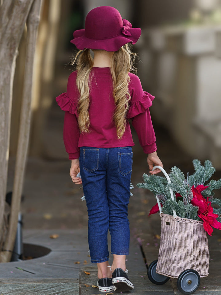 Cute Winter Sets | Girls Ruffle Sleeve Sweatshirt & Patched Jeans Set