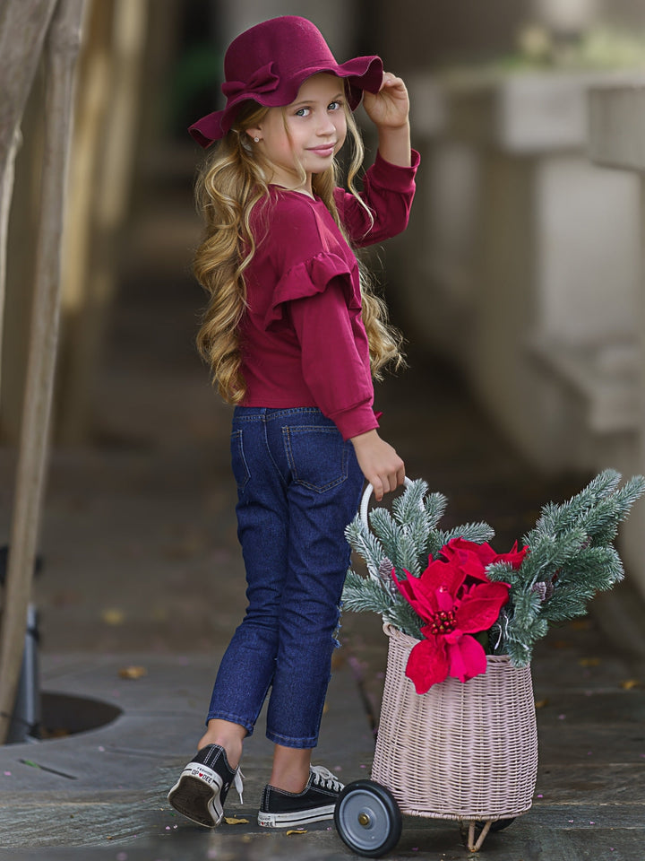 Cute Winter Sets | Girls Ruffle Sleeve Sweatshirt & Patched Jeans Set