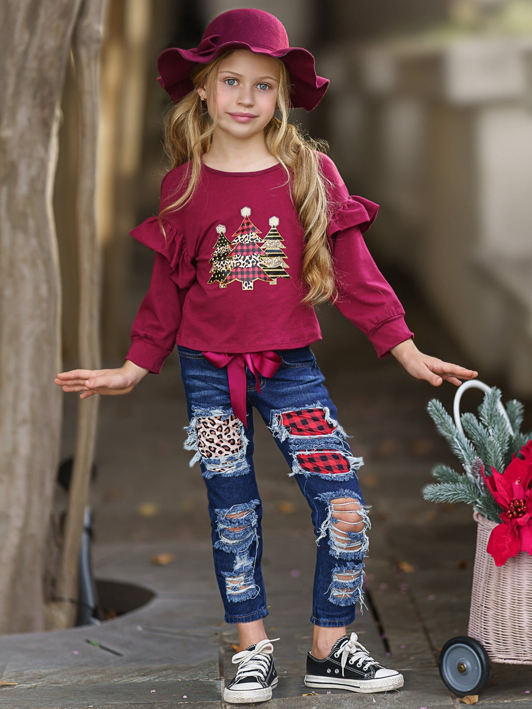 Cute Winter Sets | Girls Ruffle Sleeve Sweatshirt & Patched Jeans Set