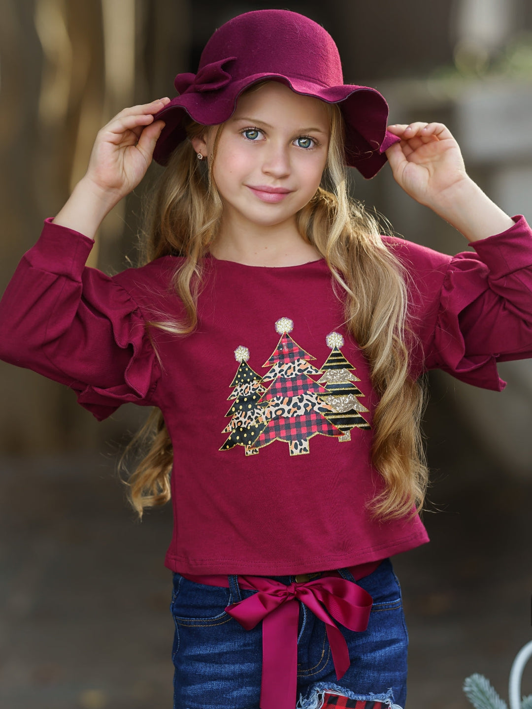 Cute Winter Sets | Girls Ruffle Sleeve Sweatshirt & Patched Jeans Set