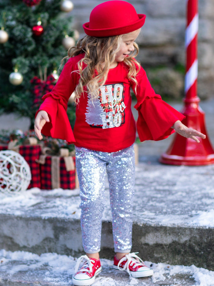 Cute Winter Sets | Girls Ho Ho Ho Bell Sleeve Top & Sequin Legging Set