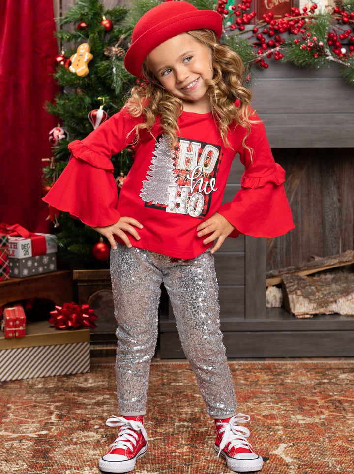 Cute Winter Sets | Girls Ho Ho Ho Bell Sleeve Top & Sequin Legging Set