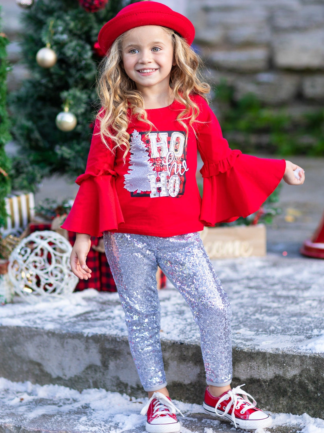 Cute Winter Sets | Girls Ho Ho Ho Bell Sleeve Top & Sequin Legging Set