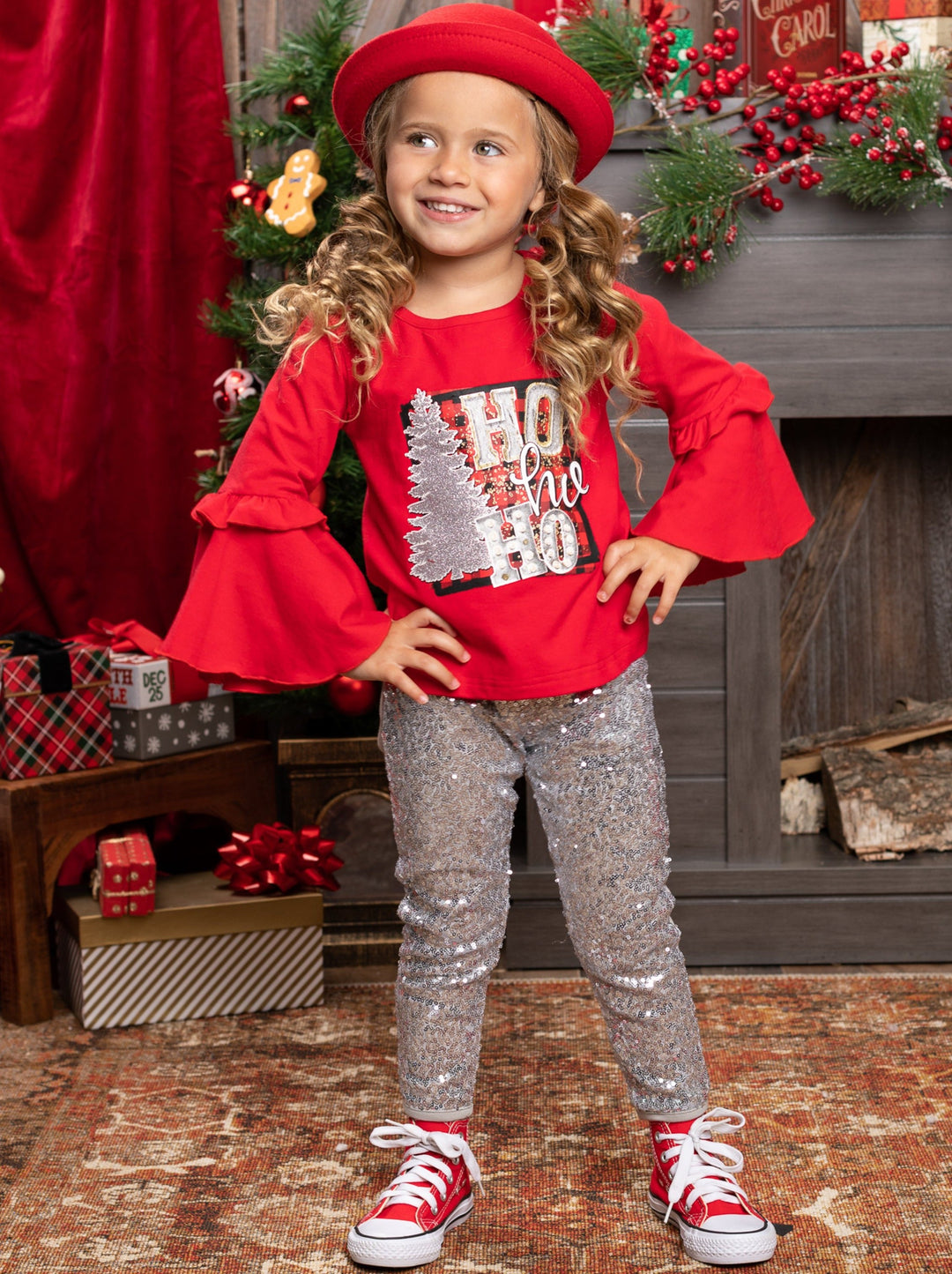 Cute Winter Sets | Girls Ho Ho Ho Bell Sleeve Top & Sequin Legging Set