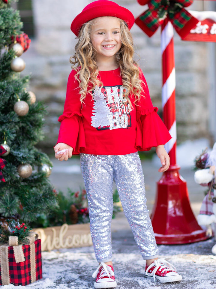 Cute Winter Sets | Girls Ho Ho Ho Bell Sleeve Top & Sequin Legging Set