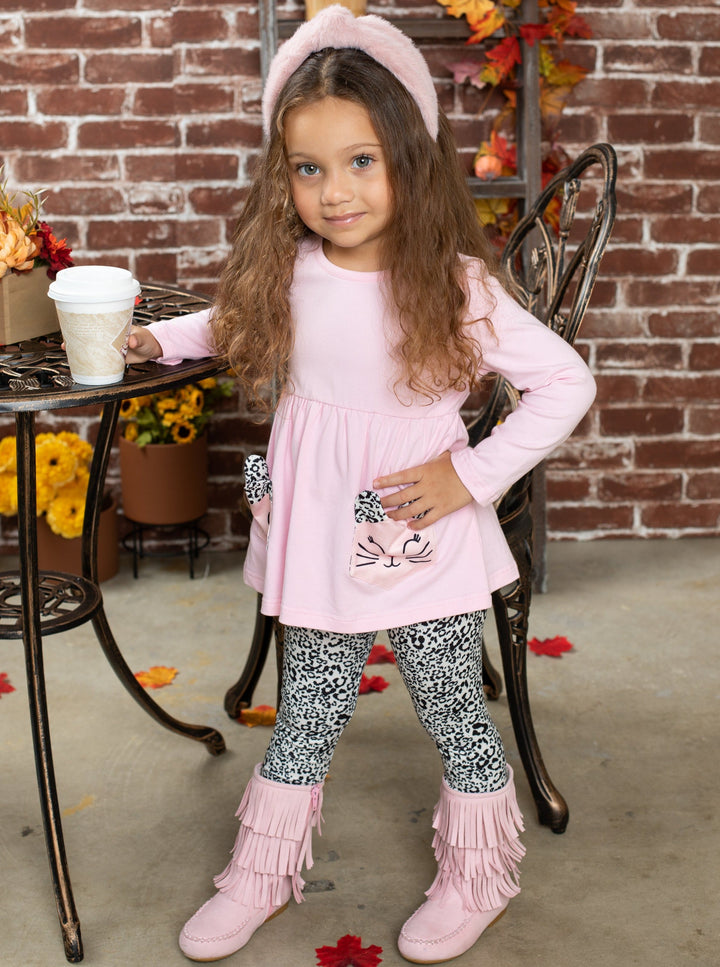 Girls Fall Outfits | Kitty Kat Tunic & Leopard Print Legging Set