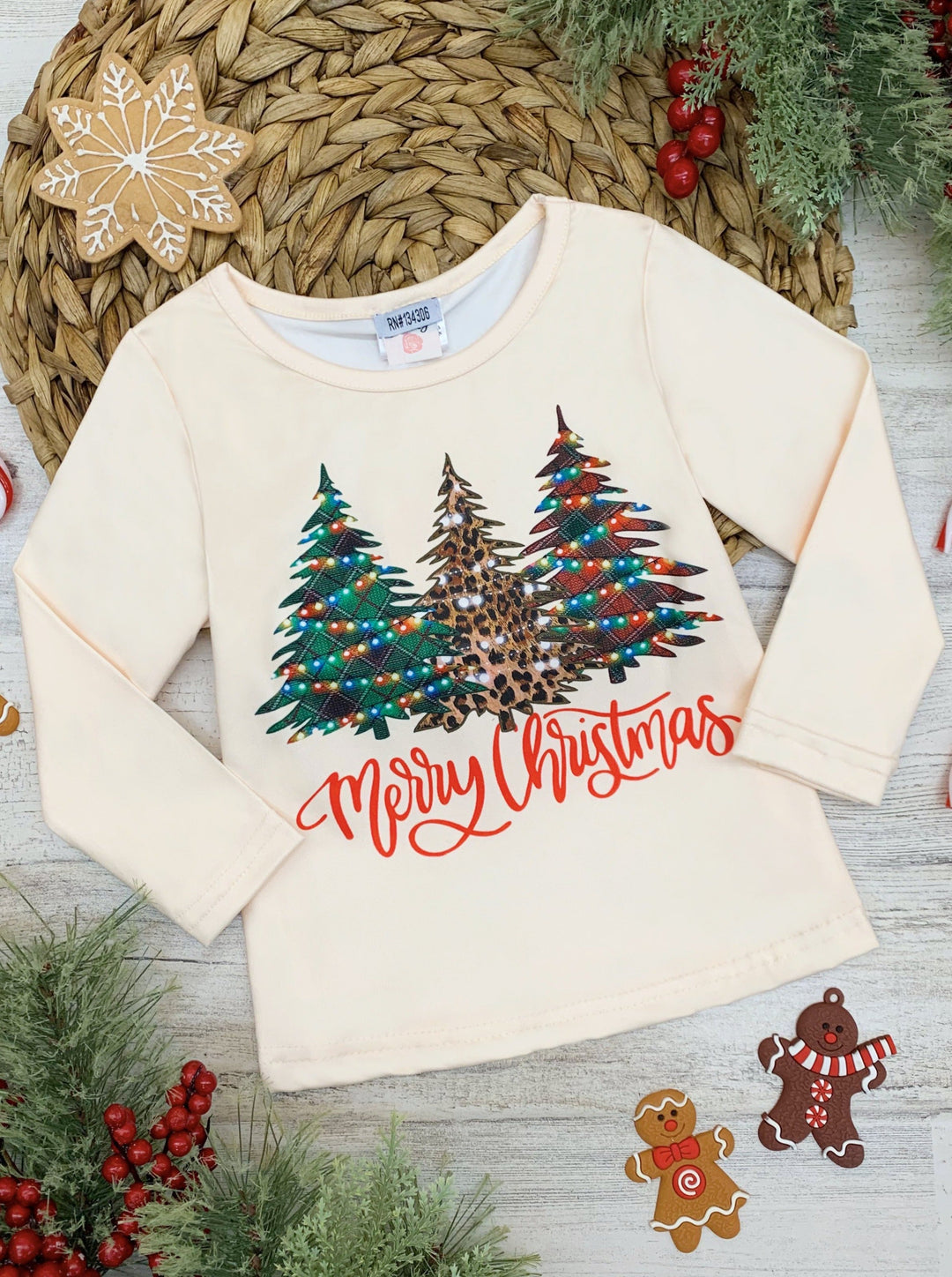 Cute Winter Tops | Girls Merry Christmas Tree Lights Long Sleeved Top