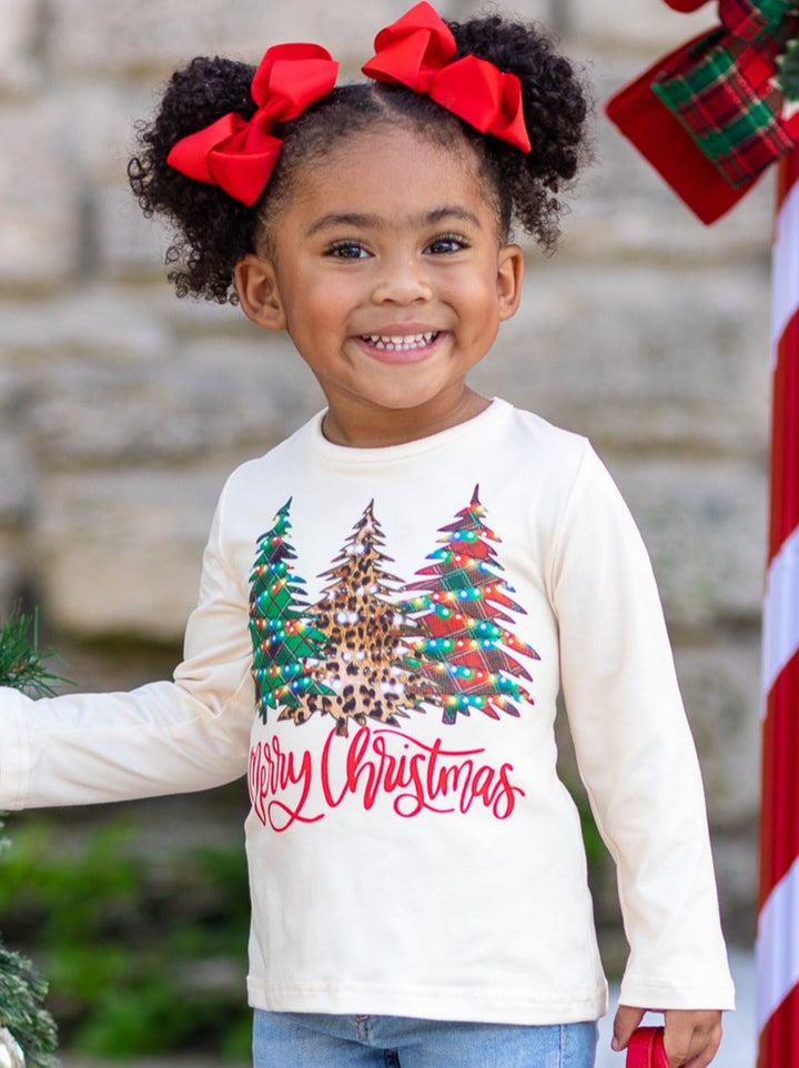 Cute Winter Tops | Girls Merry Christmas Tree Lights Long Sleeved Top