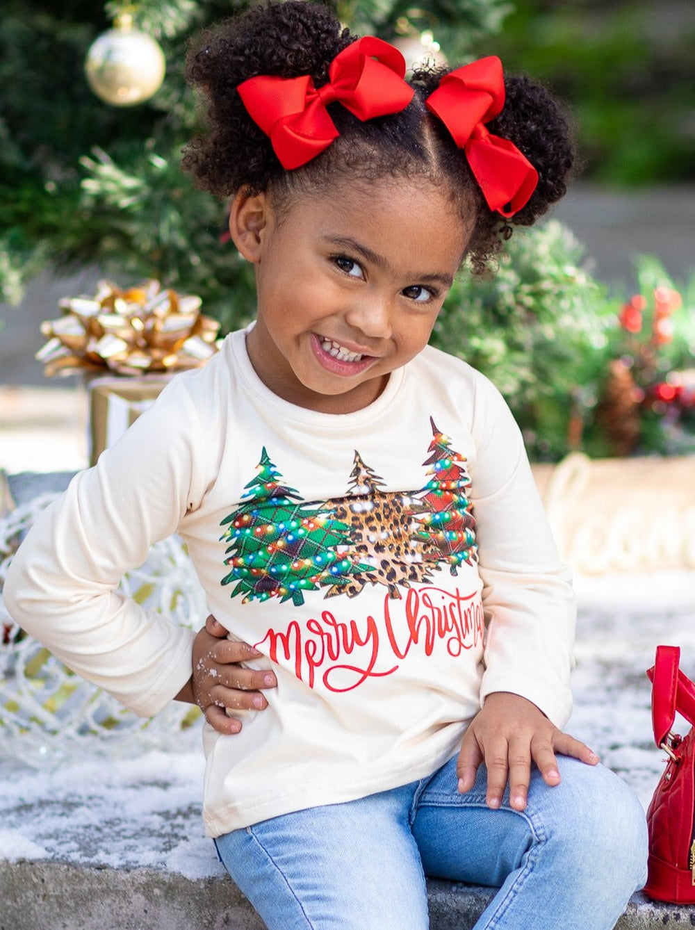 Cute Winter Tops | Girls Merry Christmas Tree Lights Long Sleeved Top