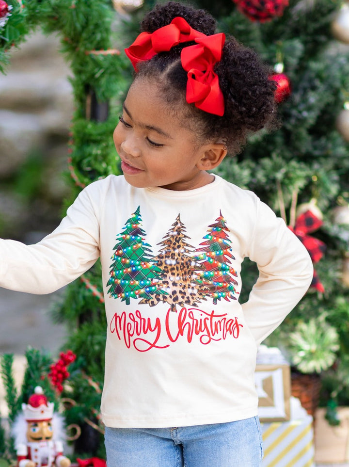 Cute Winter Tops | Girls Merry Christmas Tree Lights Long Sleeved Top