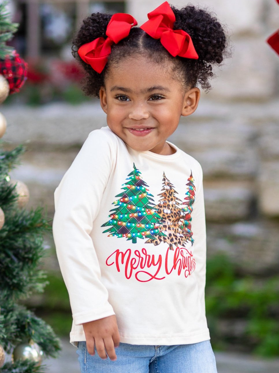 Cute Winter Tops | Girls Merry Christmas Tree Lights Long Sleeved Top