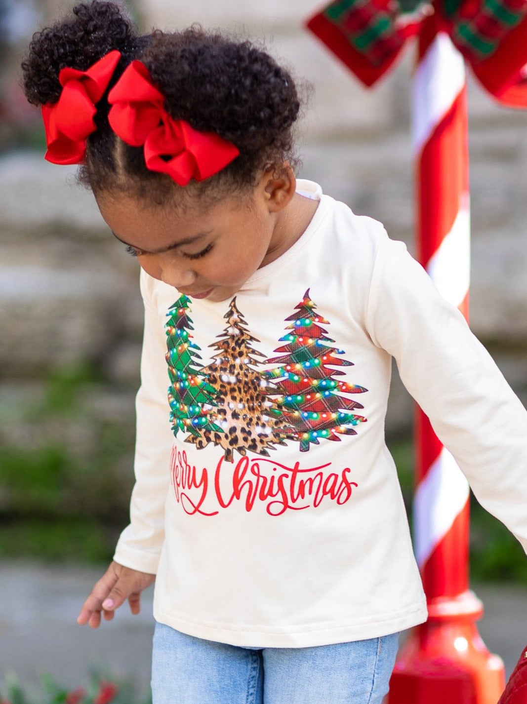 Cute Winter Tops | Girls Merry Christmas Tree Lights Long Sleeved Top