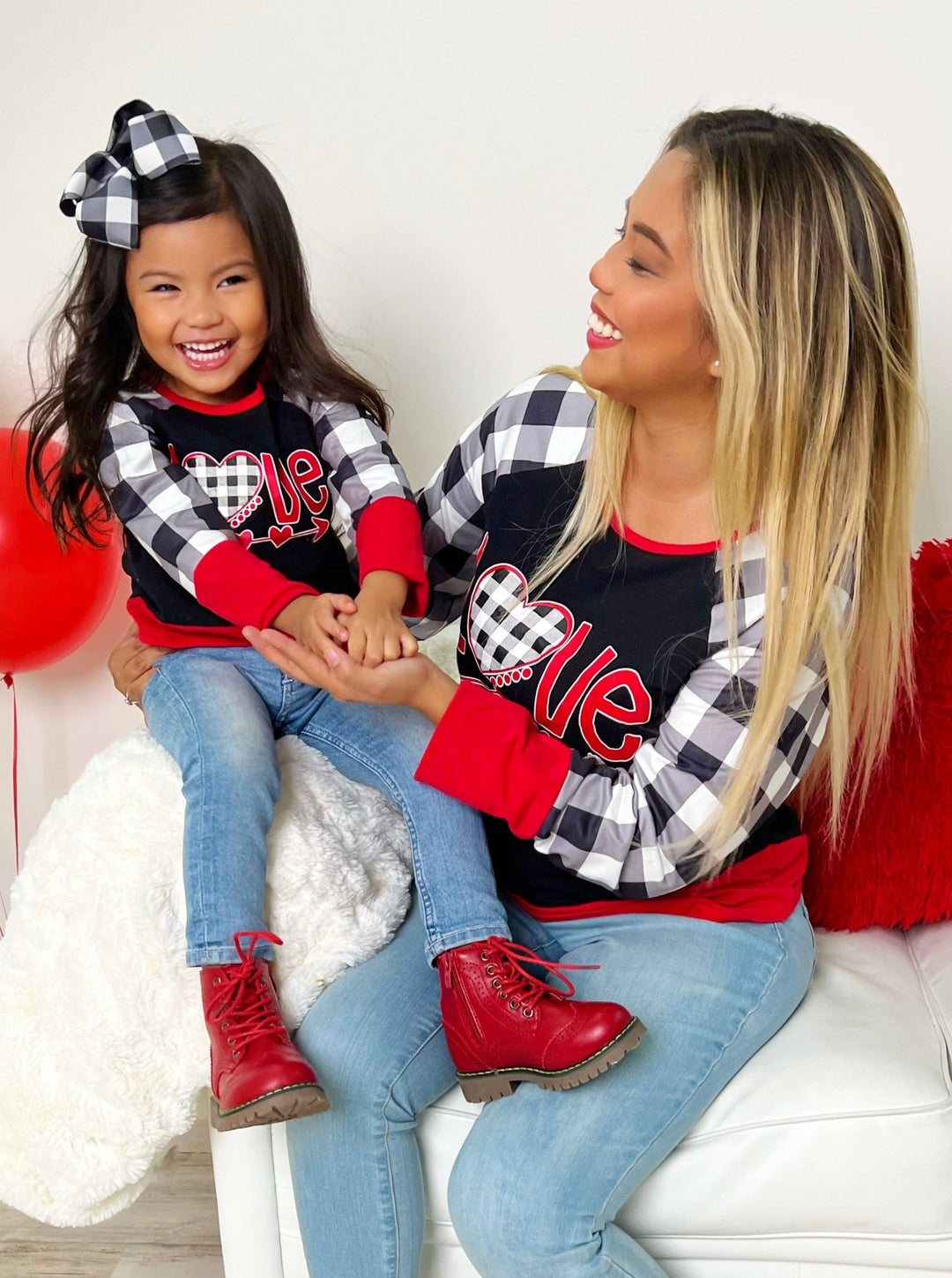 Mommy and Me Matching Tops | Love Plaid Raglan Top | Mia Belle Girls