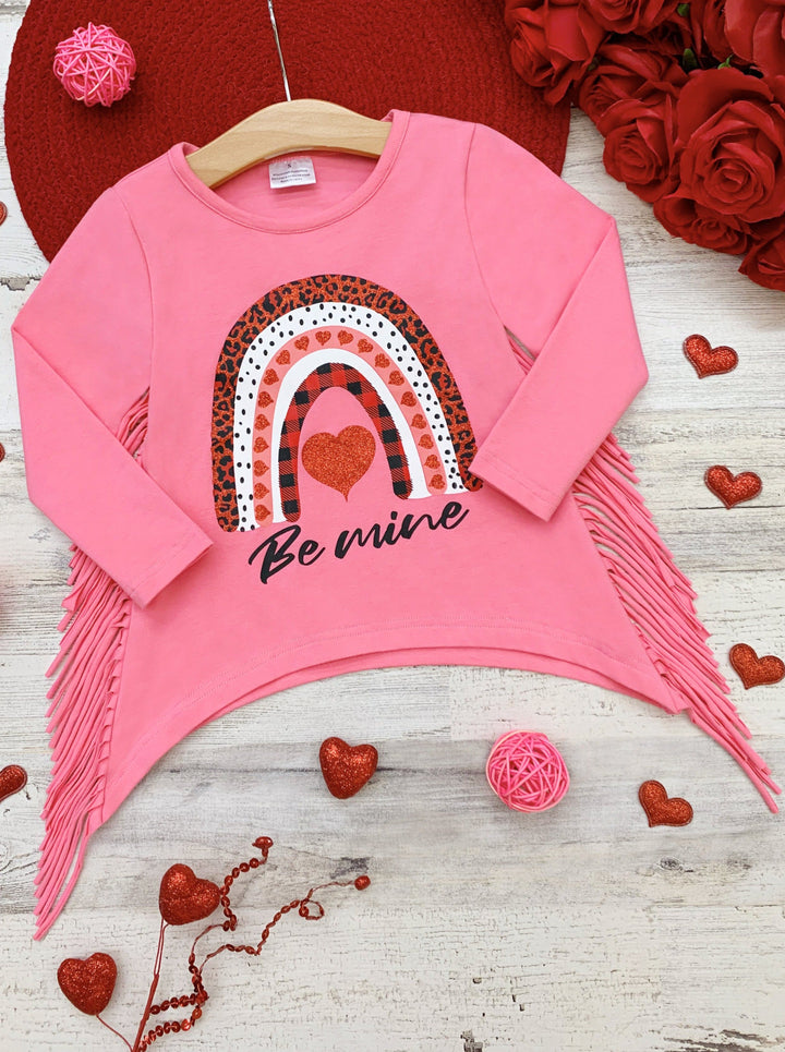 Kids Valentine's Tops | Girls Rainbow Be Mine Shark Tooth Fringe Top