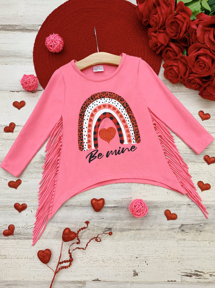 Kids Valentine's Tops | Girls Rainbow Be Mine Shark Tooth Fringe Top