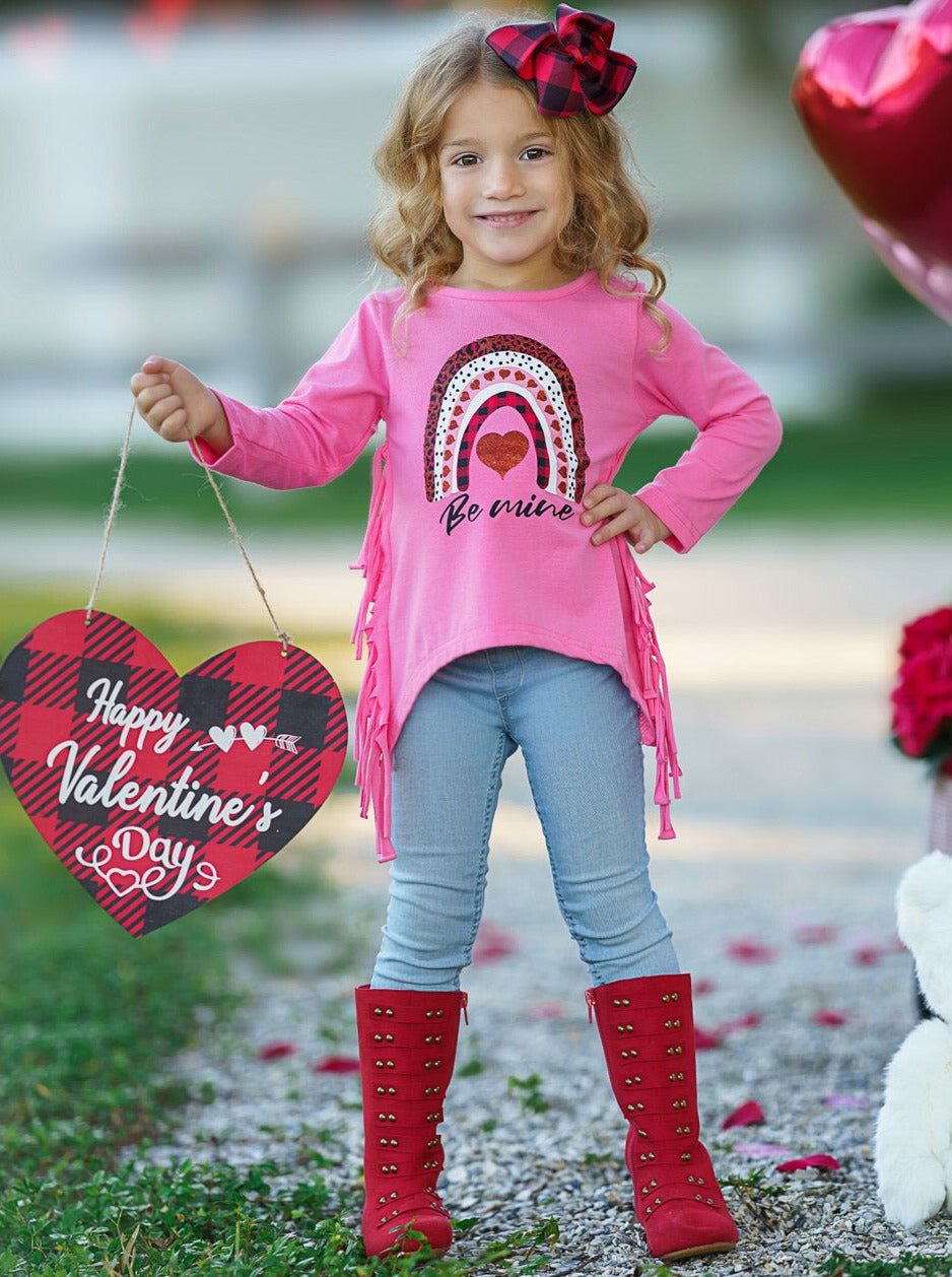 Kids Valentine's Tops | Girls Rainbow Be Mine Shark Tooth Fringe Top