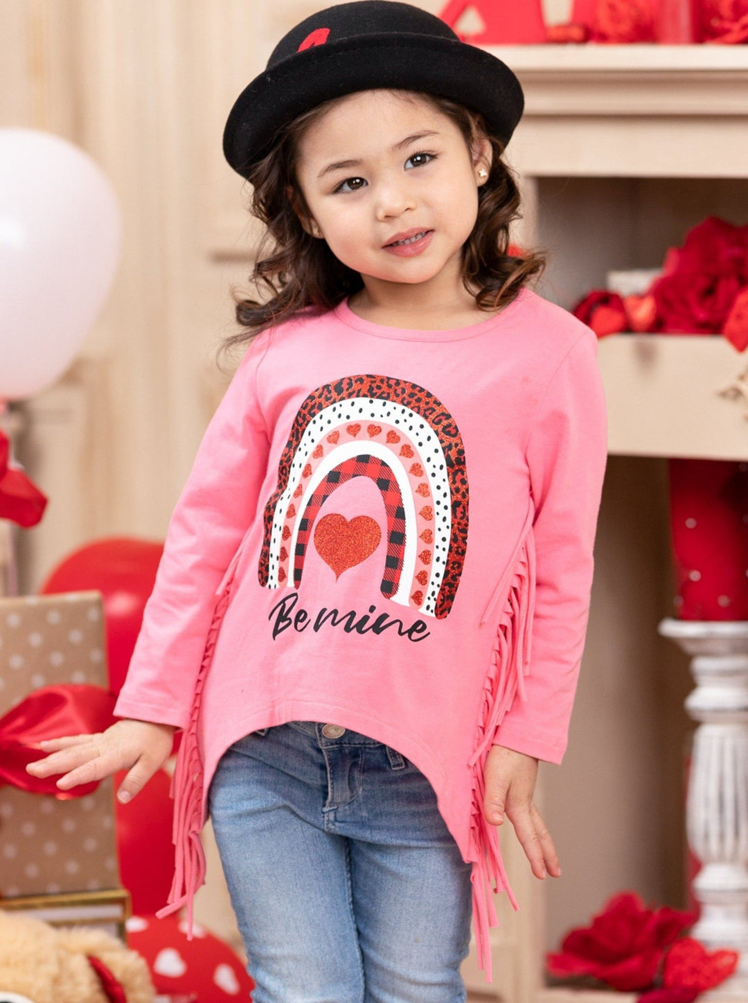 Kids Valentine's Tops | Girls Rainbow Be Mine Shark Tooth Fringe Top