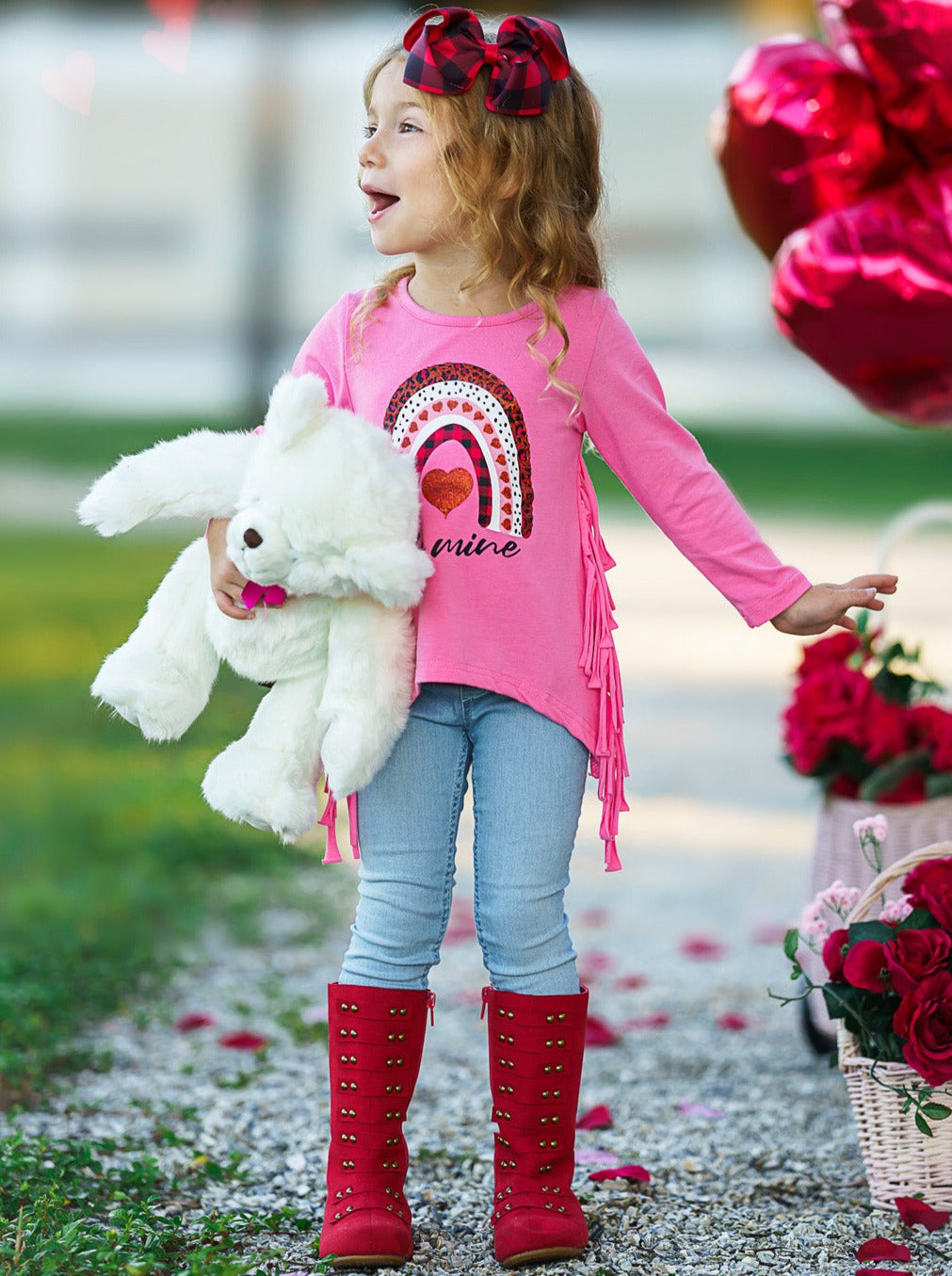 Kids Valentine's Tops | Girls Rainbow Be Mine Shark Tooth Fringe Top