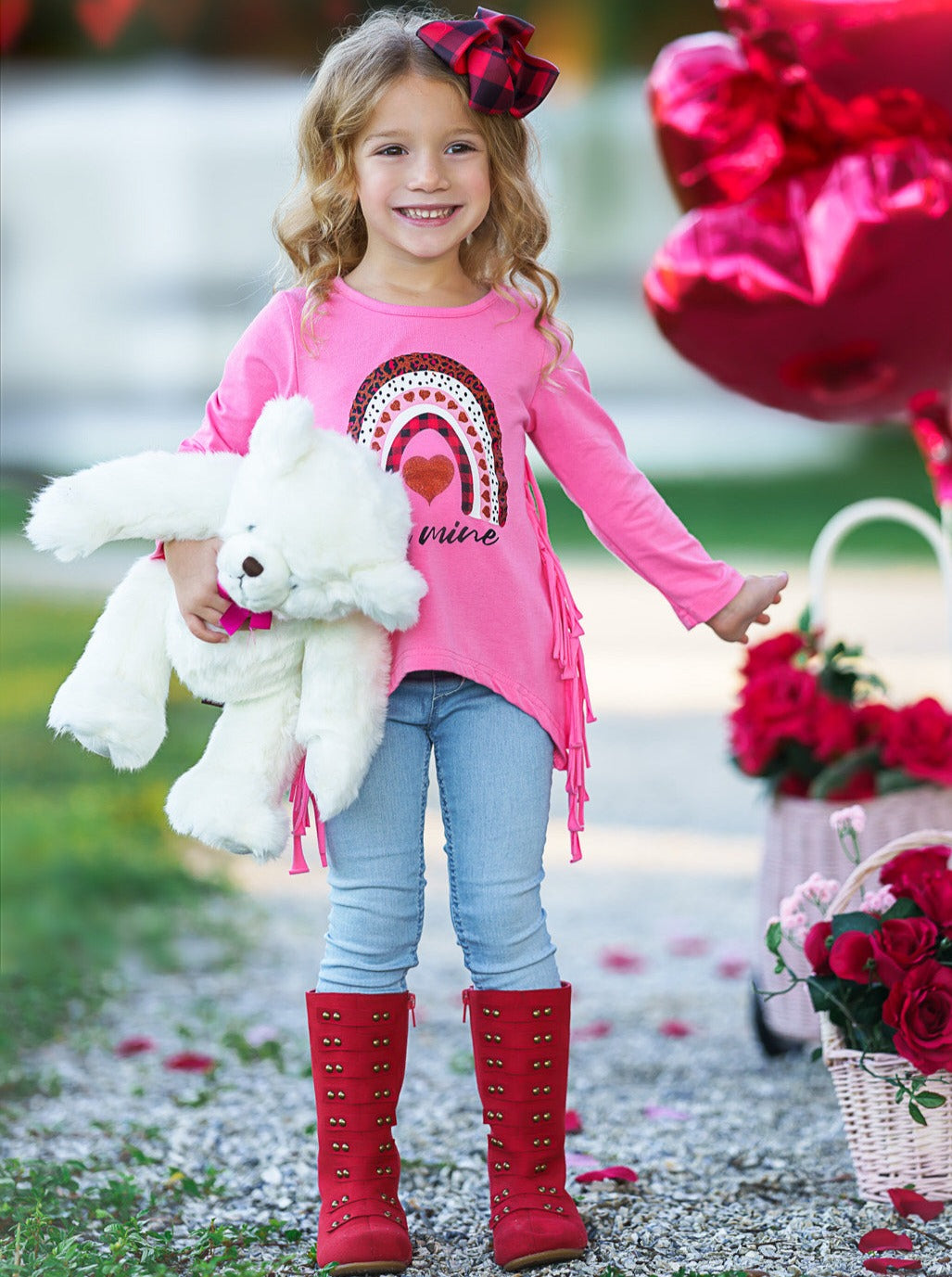 Kids Valentine's Tops | Girls Rainbow Be Mine Shark Tooth Fringe Top