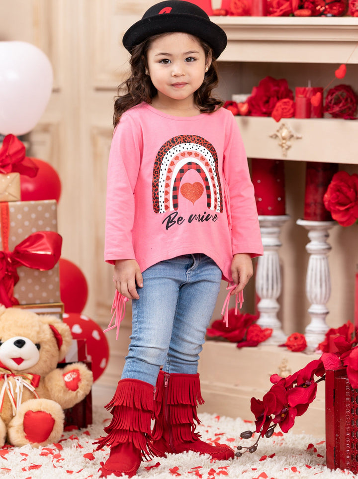 Kids Valentine's Tops | Girls Rainbow Be Mine Shark Tooth Fringe Top