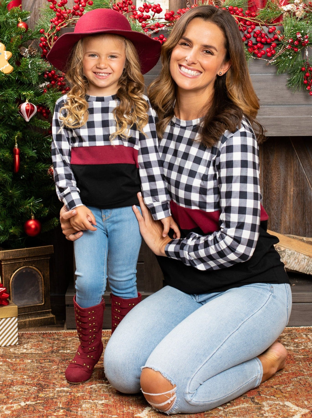 Mommy and Me Matching Tops | Checker Plaid Colorblock Long Sleeve Top