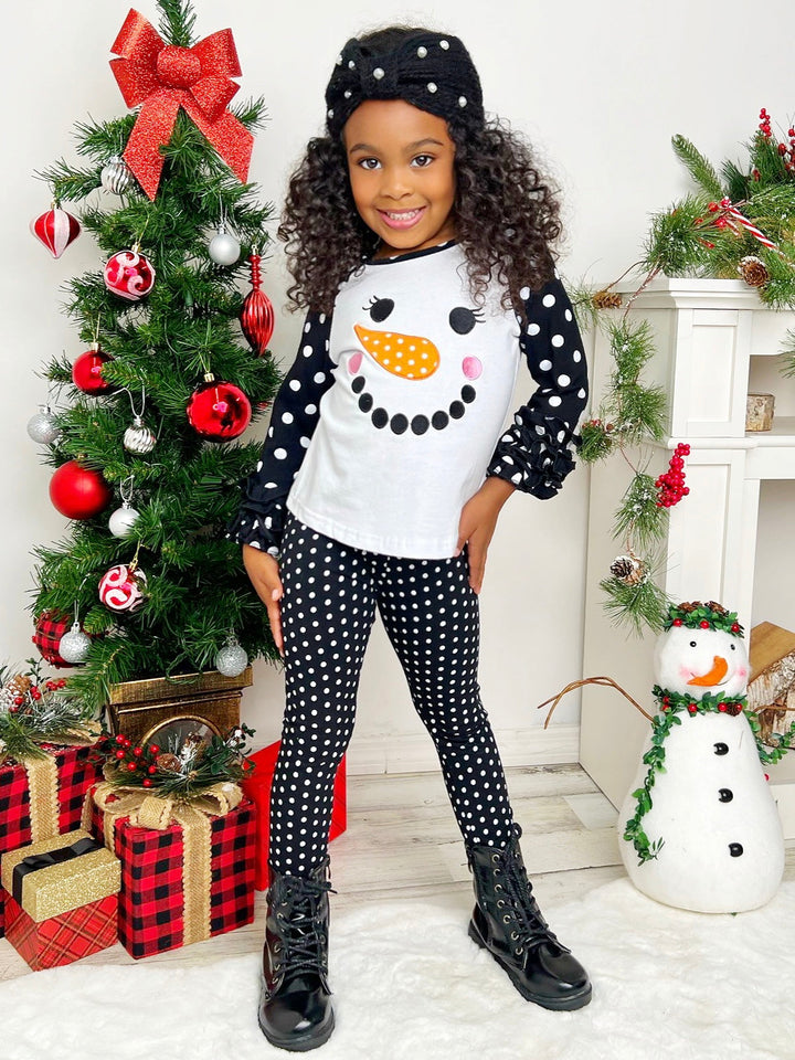 Mia Belle Girls Snowman Polka Dot Raglan Ruffle Top & Legging Set