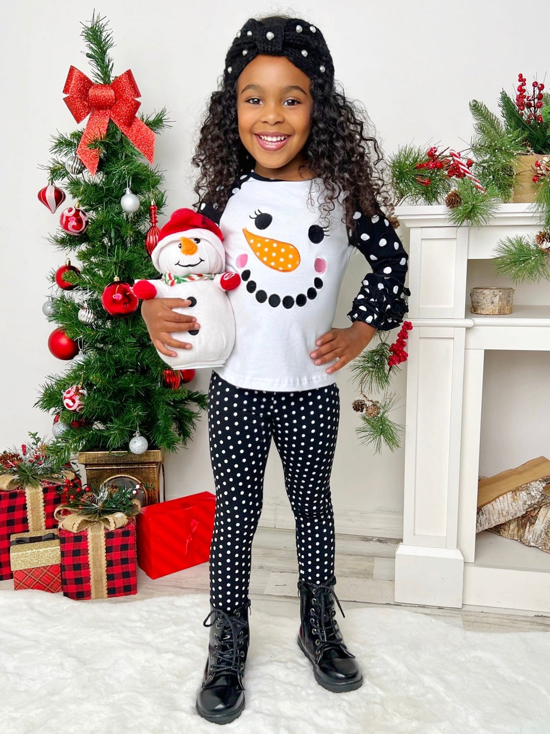 Mia Belle Girls Snowman Polka Dot Raglan Ruffle Top & Legging Set