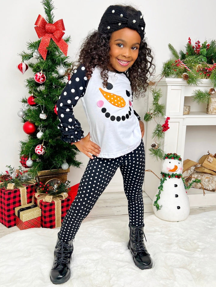 Mia Belle Girls Snowman Polka Dot Raglan Ruffle Top & Legging Set