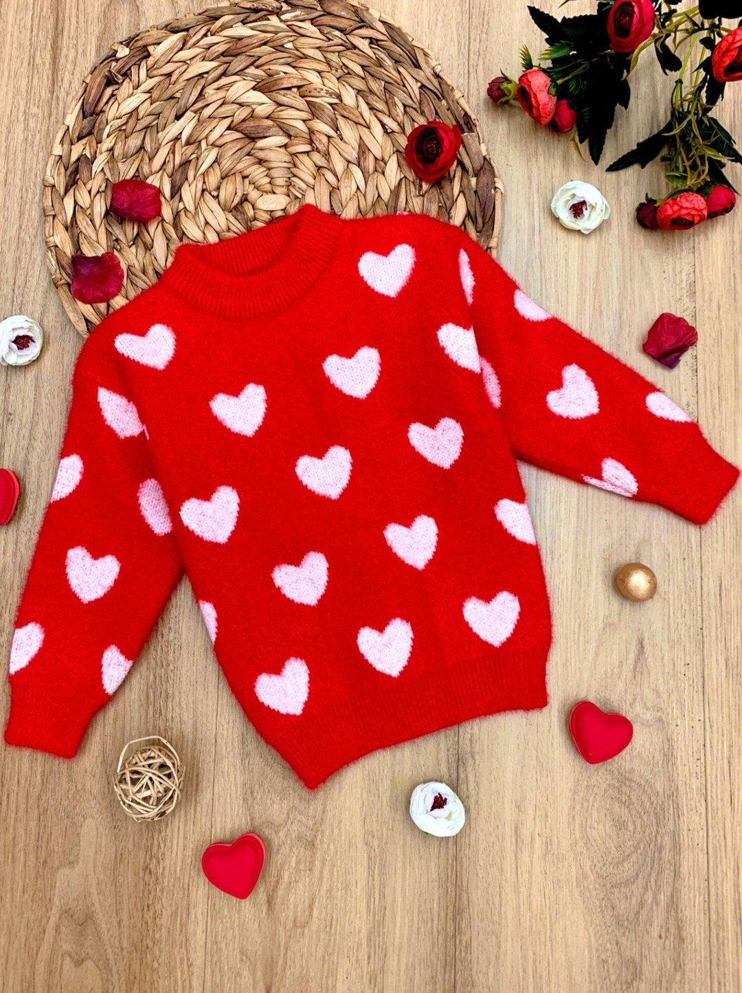 Toddlers Heart Patterned Plush Knit Sweater - Mia Belle Girls