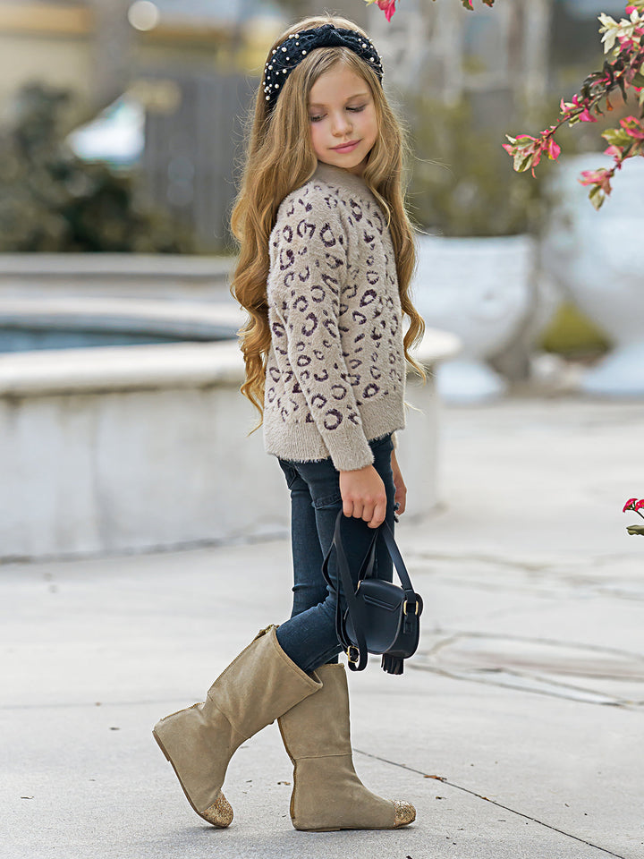 Cozy Winter Sweaters | Girls Leopard Print Plush Fuzzy Sweater