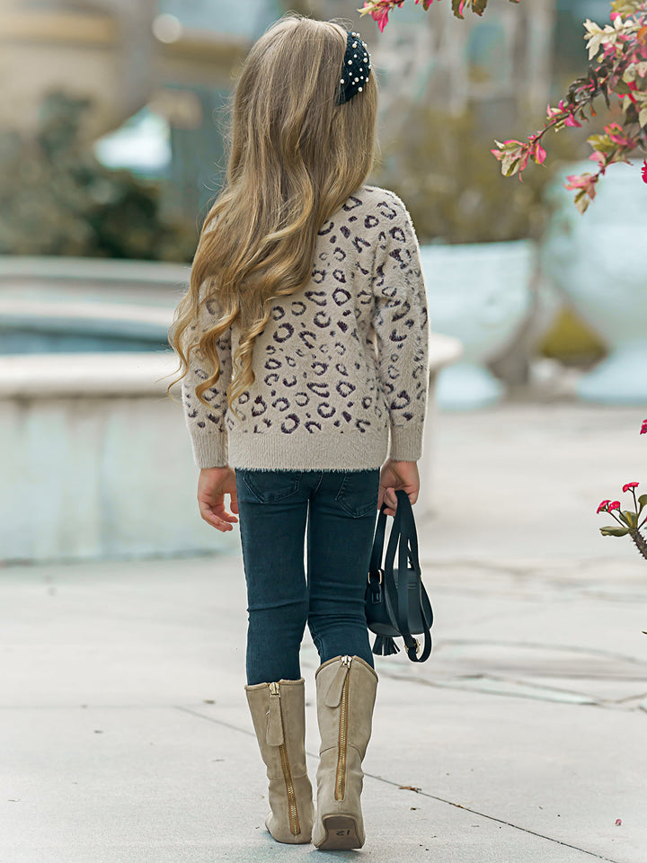 Cozy Winter Sweaters | Girls Leopard Print Plush Fuzzy Sweater