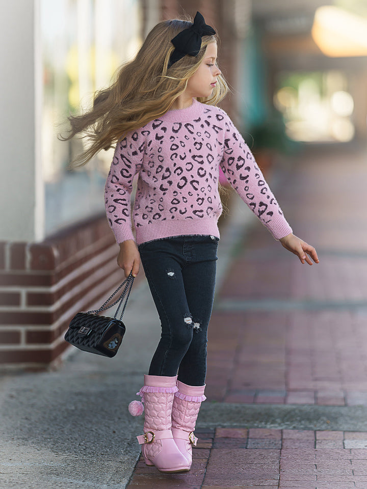 Cozy Winter Sweaters | Girls Leopard Print Plush Fuzzy Sweater