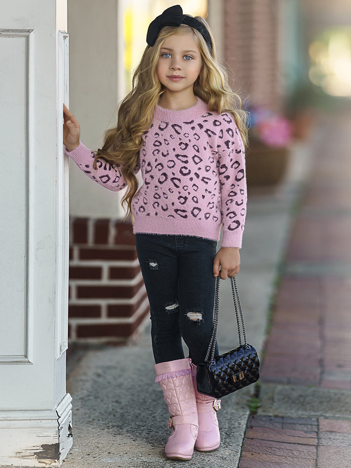 Cozy Winter Sweaters | Girls Leopard Print Plush Fuzzy Sweater