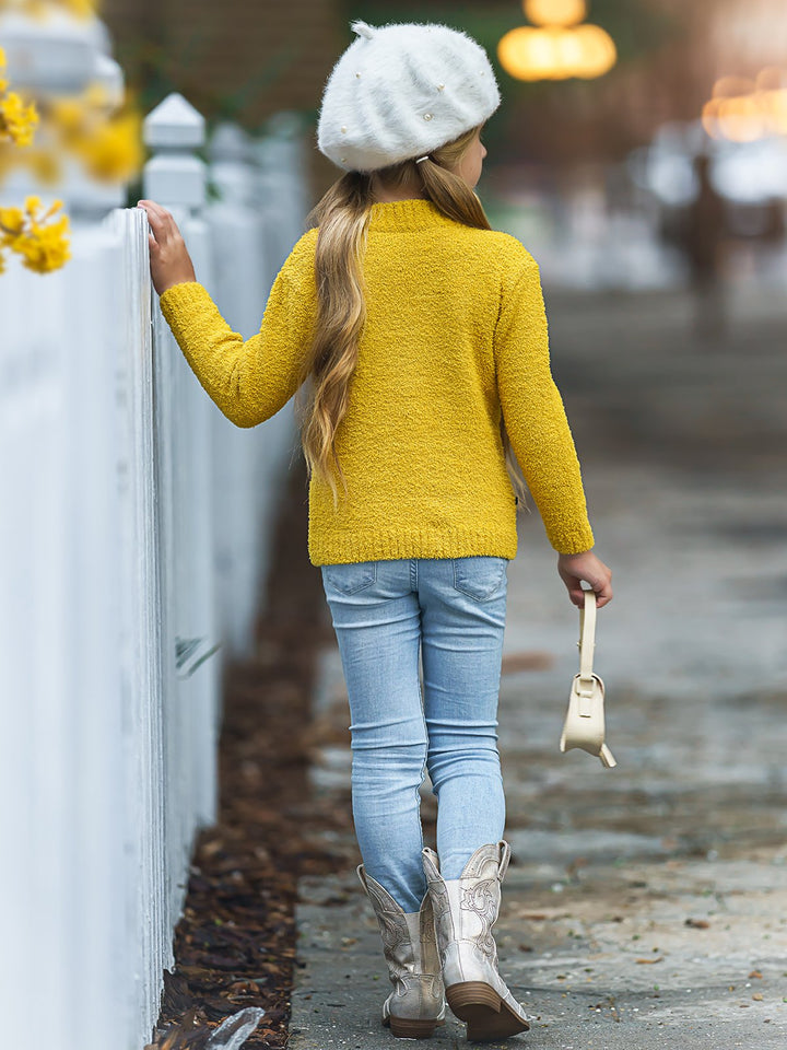 Toddler Valentine's Day Tops | Little Girls Heart Fuzzy Yellow Sweater