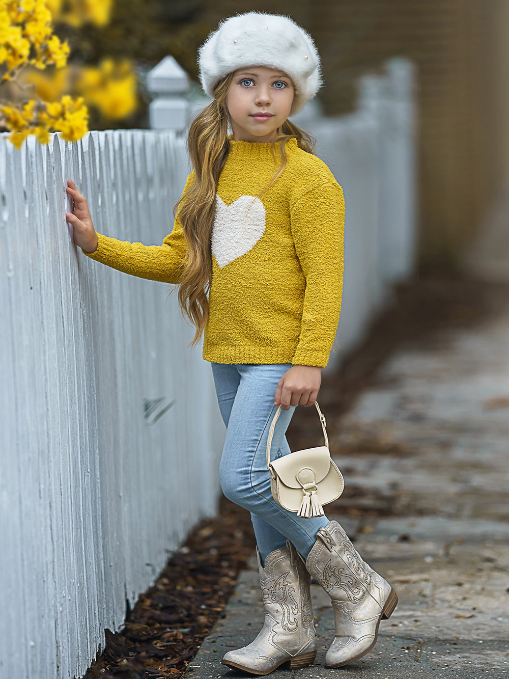 Toddler Valentine's Day Tops | Little Girls Heart Fuzzy Yellow Sweater