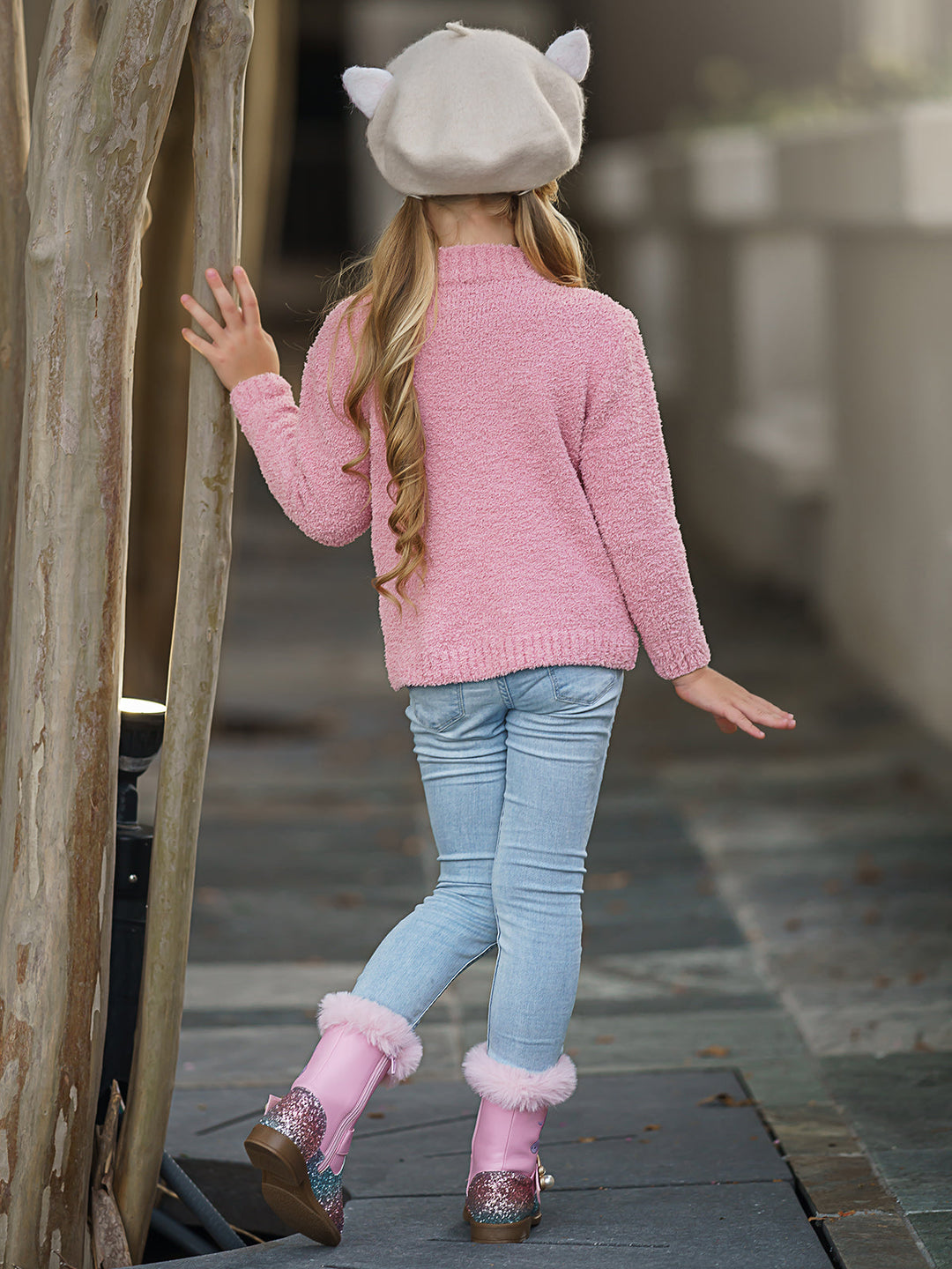 Toddler Valentine's Day Tops | Little Girls Pink Heart Fuzzy Sweater