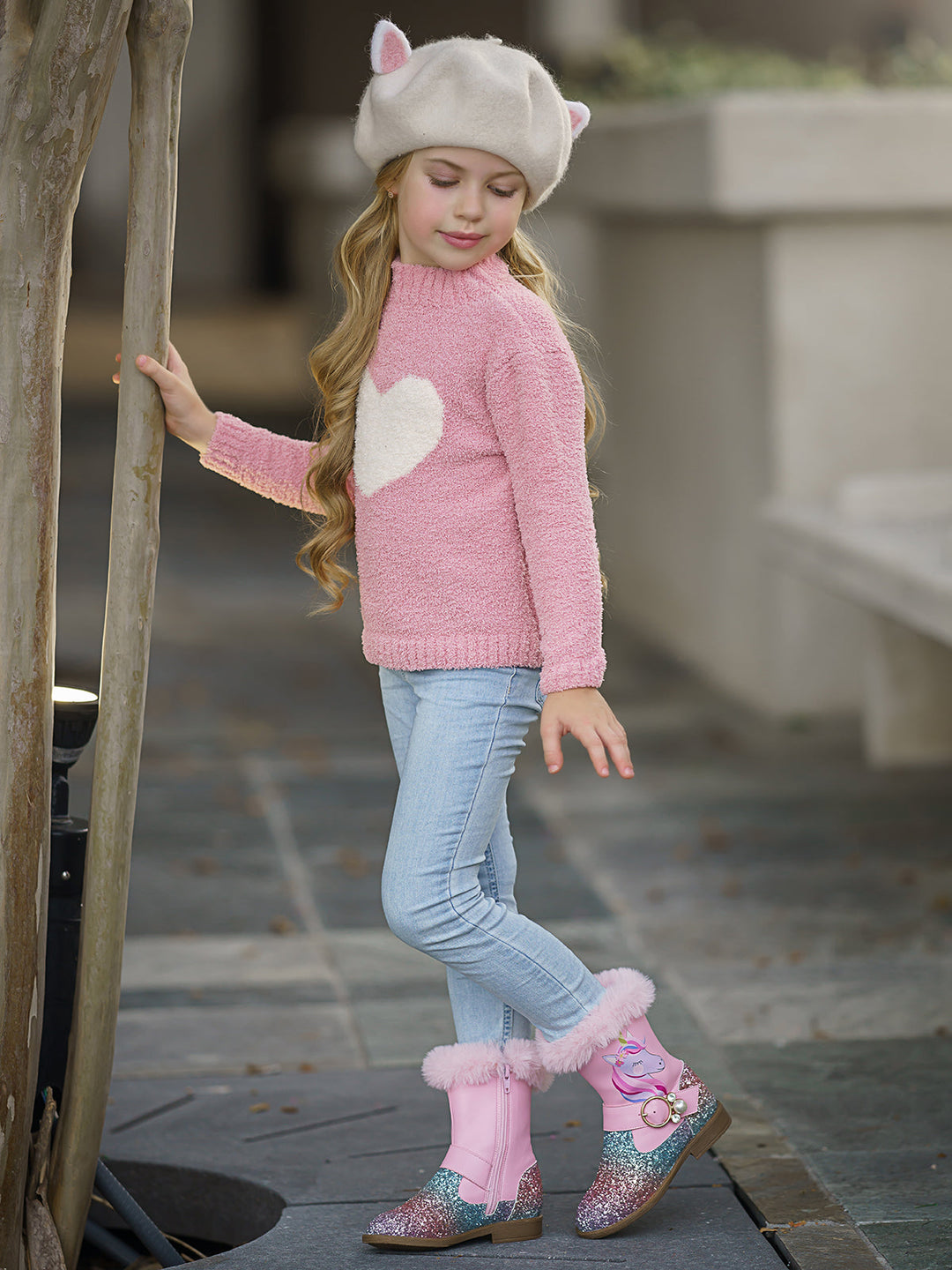 Toddler Valentine's Day Tops | Little Girls Pink Heart Fuzzy Sweater