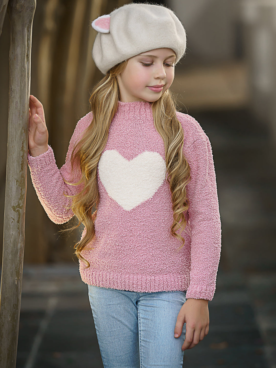 Toddler Valentine's Day Tops | Little Girls Pink Heart Fuzzy Sweater